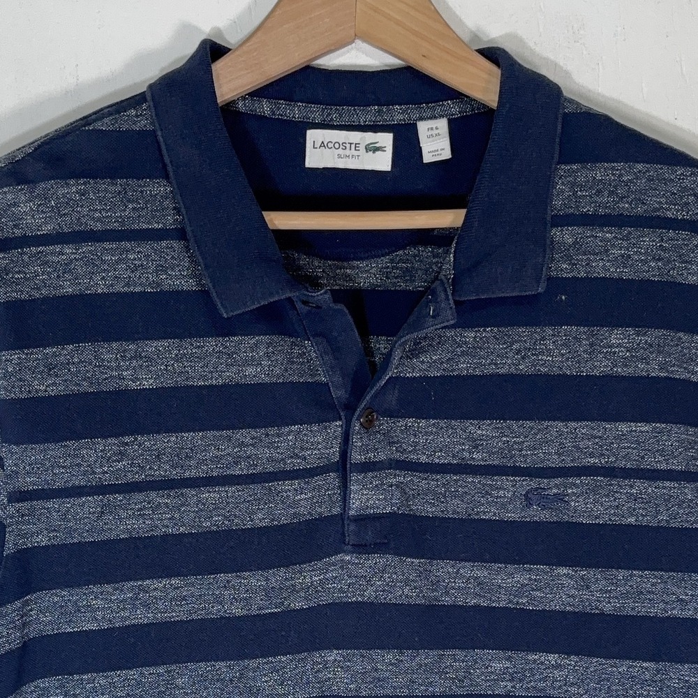 Lacoste Polo Shirt Mens XL Blue Striped Slim Fit Short Sleeve Golfcore Preppy